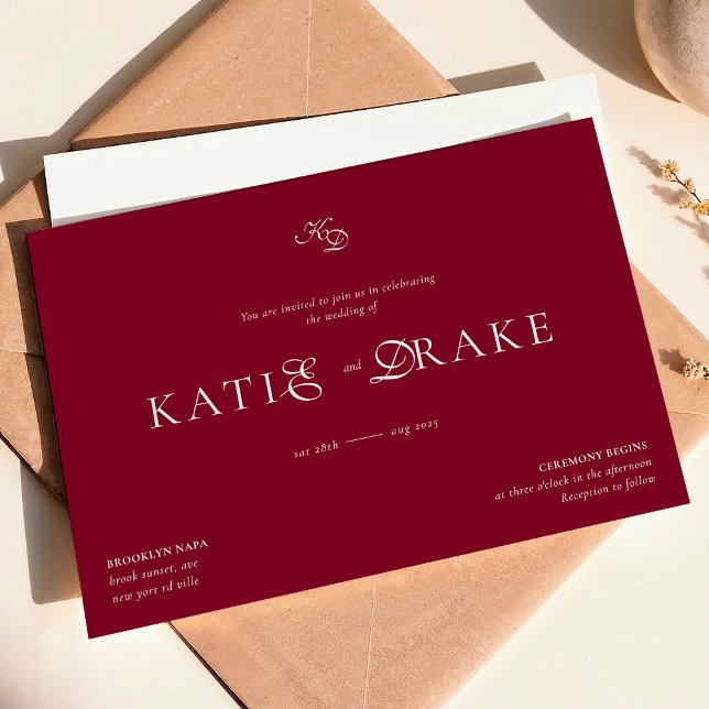Convite Minimal Monogram Deep Burgundy Script Wedding (Criador carregado)