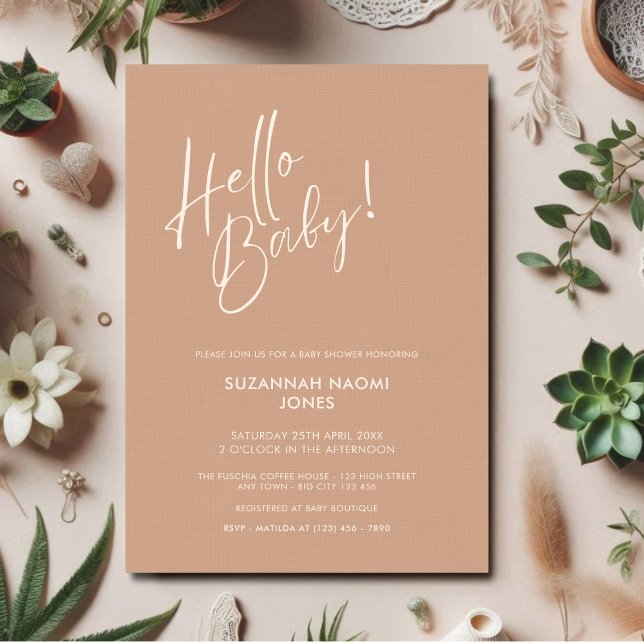 Convite Minimal Neutral Modern Baby Shower Invitation (Minimalist Gender Neutral Baby Shower Invitation in natural earth tone with linen texture. )