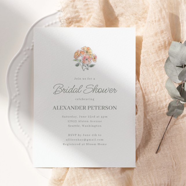 Convite Minimal Peach Floral Bridal Shower Elegant Script (Criador carregado)