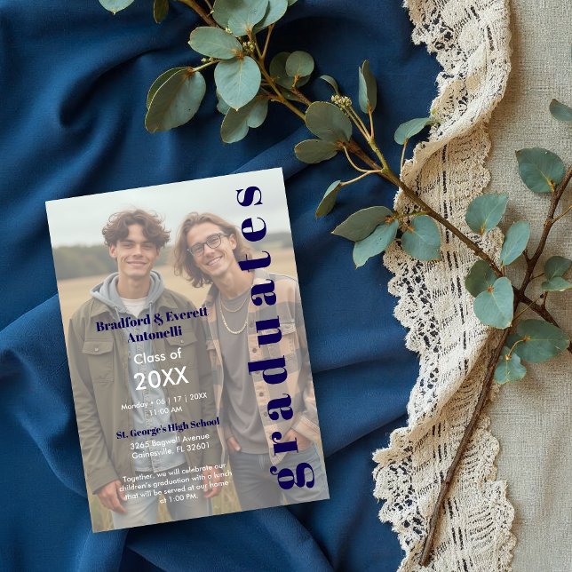 Convite Minimal Photo Editorial Style Double Graduation (Minimal Editorial Style Double Graduation Photo Invitation Design. )