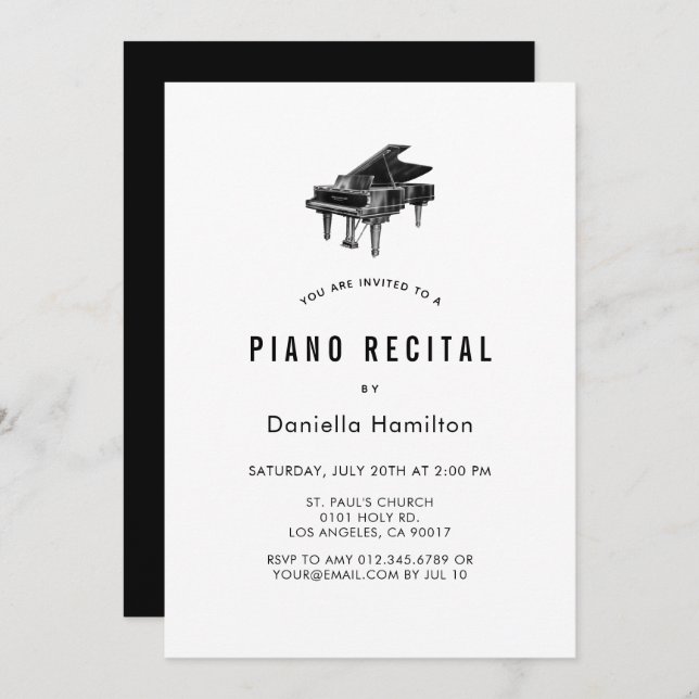 Convite Minimal Piano White Recital Invitation (Frente/Verso)