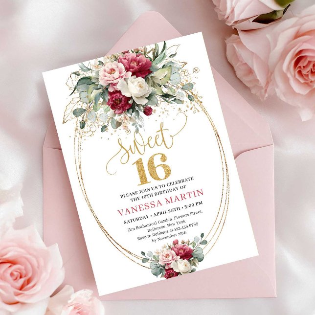 Convite Minimal Red Blush Greenery Gold Sweet 16 Birthday (Minimal Red Blush Greenery Sweet 16 Birthday Invite)