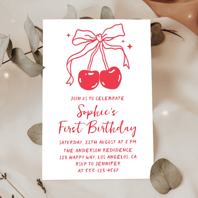 Convite Minimal Red Bow Cherry Fruit 1st Birthday Party (Criador carregado)
