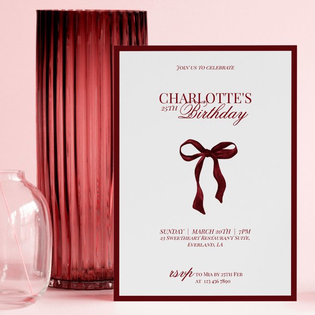 Convite Minimal Red & Burgundy Bow Birthday Invitation (Criador carregado)