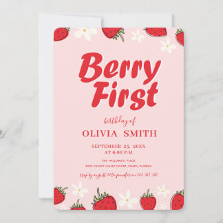 Convite Minimal Red Pink Strawberry Berry First Birthday