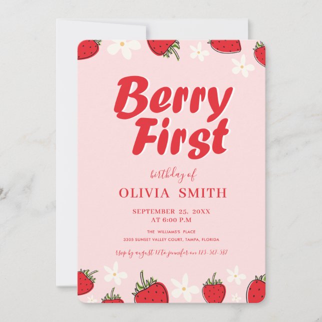 Convite Minimal Red Pink Strawberry Berry First Birthday (Frente)