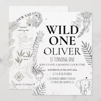 Convite Minimal Safari Wild One 1st Birthday Map