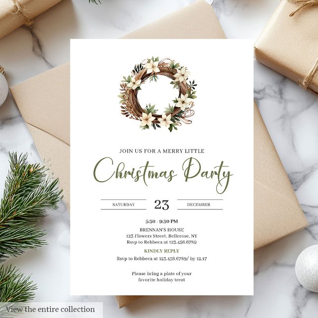 Convite Minimal Sage Neutral Taupe Christmas Wreath (Minimal Sage Neutral Taupe Christmas Party)