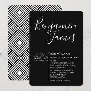 Convite MINIMAL SCRIPT Bar moderno Mitzvah preto branco