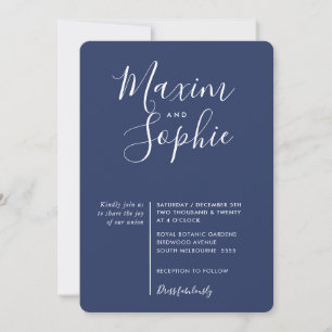 Convite MINIMAL SCRIPT marinho de casamento moderno azul b