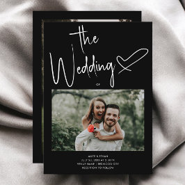 Convite Minimal Script Signature Heart Photo Black Wedding