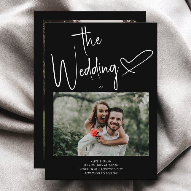 Convite Minimal Script Signature Heart Photo Black Wedding (Criador carregado)
