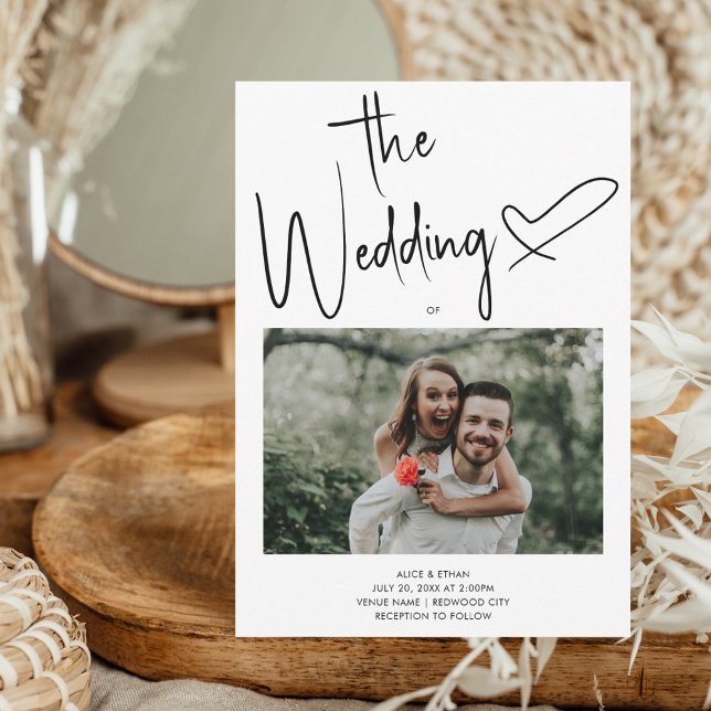Convite Minimal Script Signature Heart Photo White Wedding (Criador carregado)