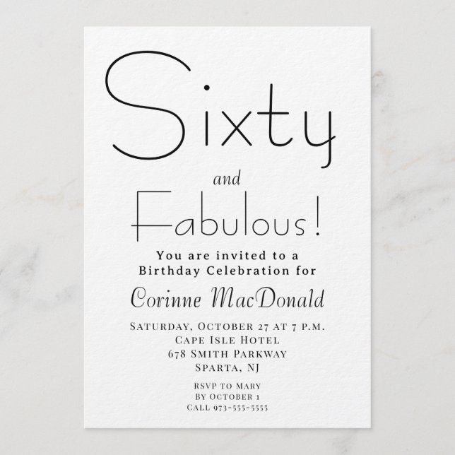 Convite Minimal Sixty and Fabulous 60th Birthday Party (Frente)