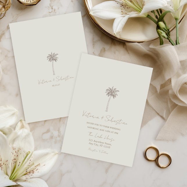 Convite Minimal Taupe Palm Tree Beach Wedding Invitation (Criador carregado)