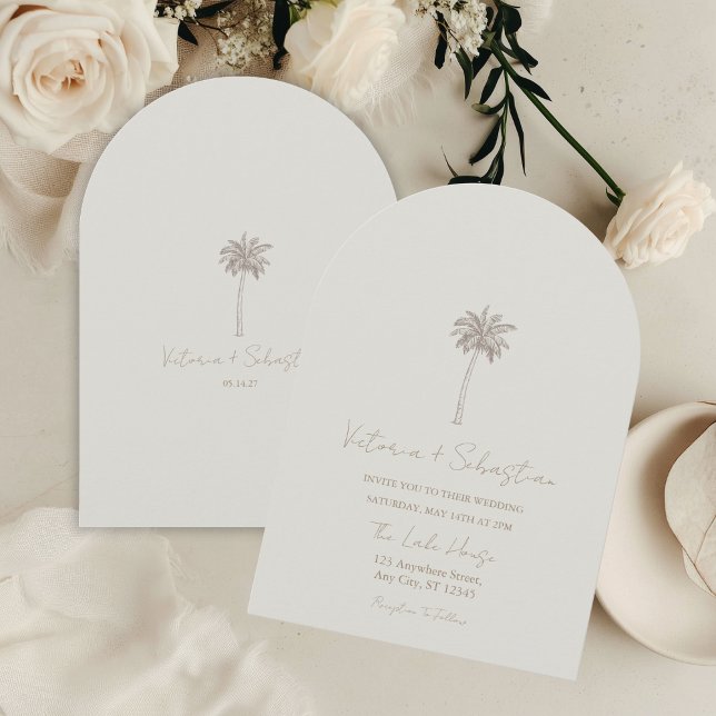 Convite Minimal Taupe Palm Tree Beach Wedding Invitation (Criador carregado)