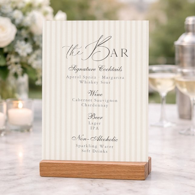 Convite Minimal Taupe Stripe Wedding Bar Menu  (Criador carregado)