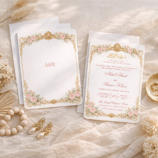 Convite Minimal Victorian Floral Gold Muslim Nikkah Pink