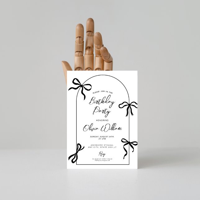 Convite Minimal watercolor black bow arch birthday (Criador carregado)