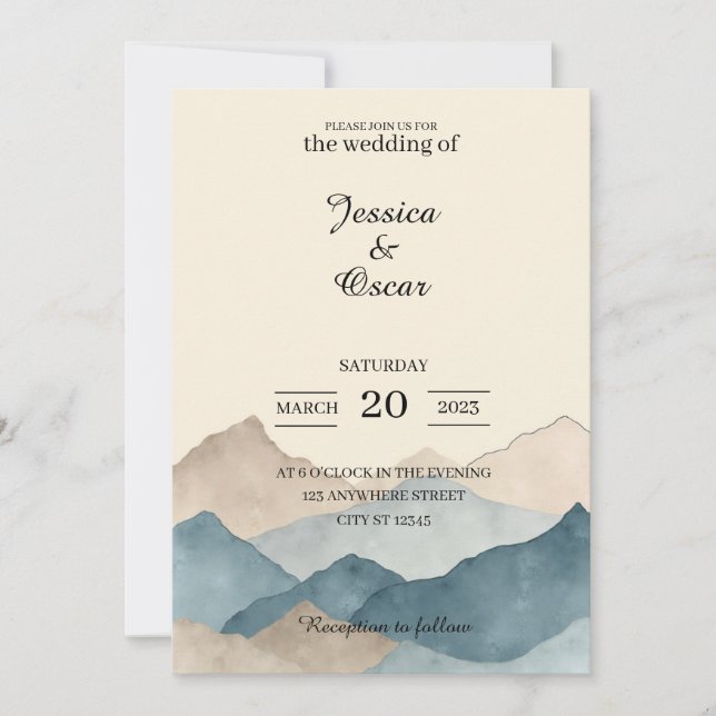 Convite Minimal Watercolor Mountain Wedding Invitation (Frente)