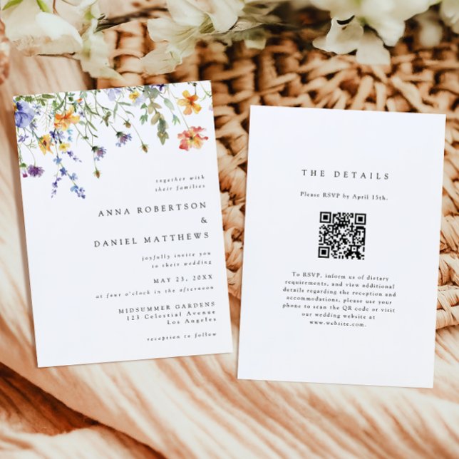 Convite Minimal Wildflower QR Code Wedding Invitation (Criador carregado)