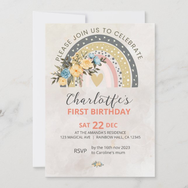 Convite Minimali Pompas Grass Retro Rainbow Boho Birthday (Frente)