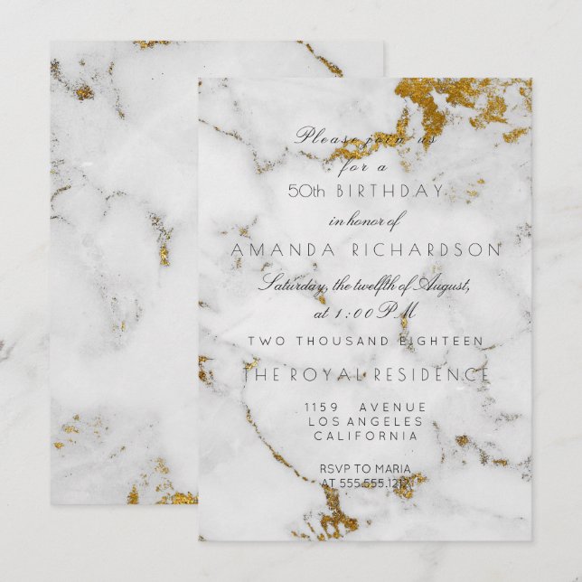 Convite Minimalismo Cinza Marble Branco Aniversário Dourad (Frente/Verso)