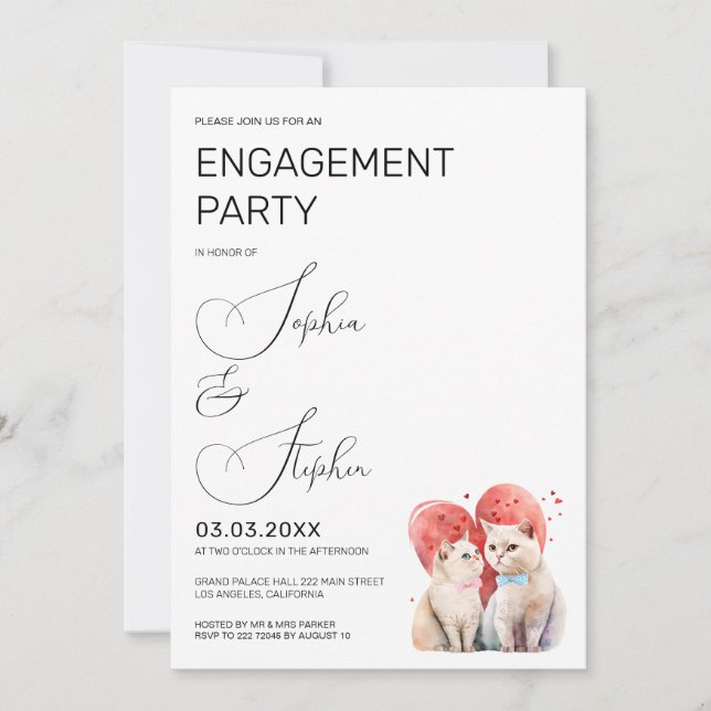 Convite Minimalismo com o noivado de casamento de gatos (Frente)