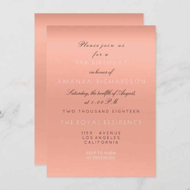 Convite Minimalismo Salmão Pêssego Coral Branco Aniversári (Frente/Verso)