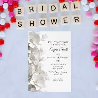 Convite Minimalist 3D White Floral Elegant  Bridal Shower