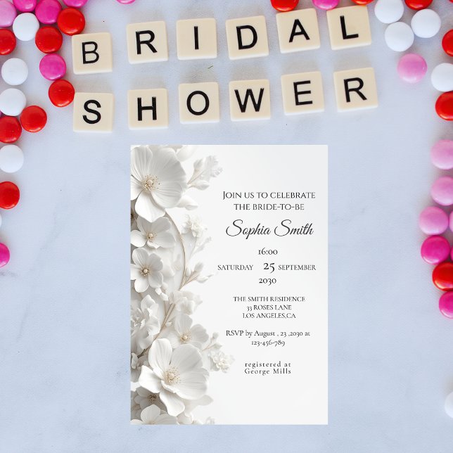 Convite Minimalist 3D White Floral Elegant  Bridal Shower (Criador carregado)