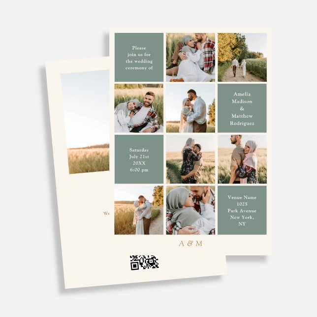Convite Minimalist 9 Photo Ivory Sage Green Wedding  (Criador carregado)