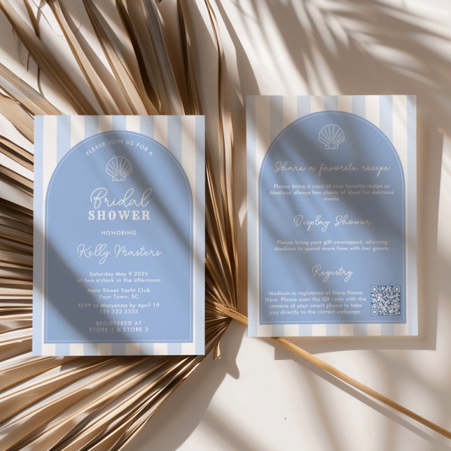 Convite Minimalist Arch Blue & White Beachy Bridal Shower (Simple blue and white seashell beach bridal shower double-sided invitation with QR code)