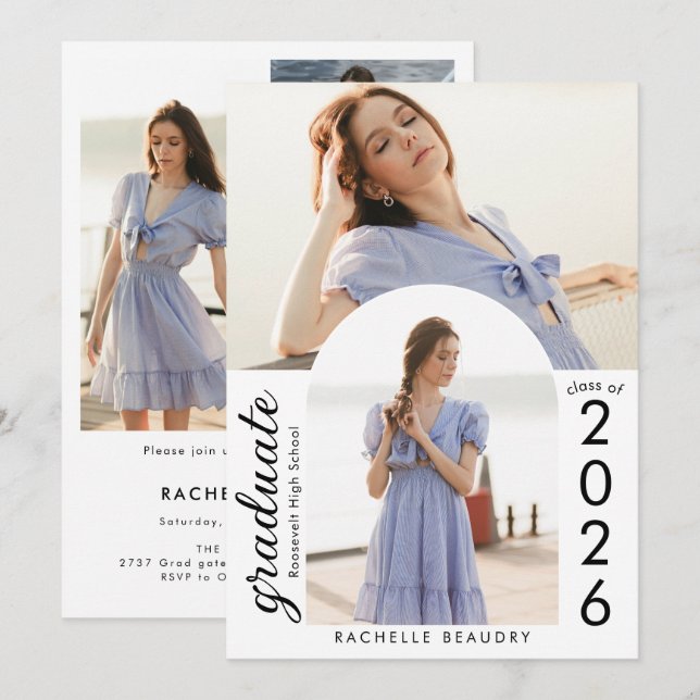 Convite Minimalist Arch Photo Collage Graduation Party (Frente/Verso)