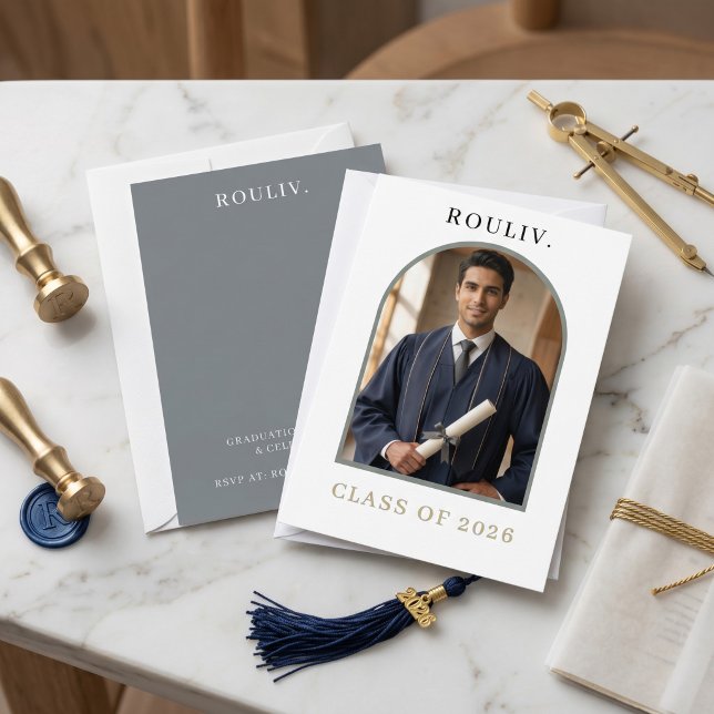 Convite Minimalist Arch Photo Graduation | Rolling Stone (Minimalist Architectural Arch Graduation Invitation | Photo Class of 2026 | ROULIV Stone Grey & Gold)