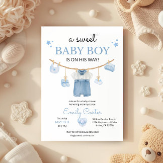 Convite Minimalist Baby Boy Shower with Baby Clothes