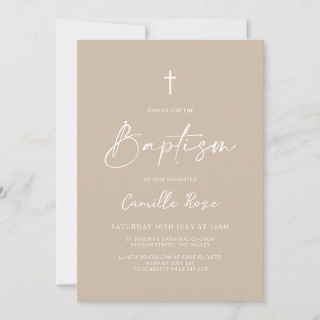 Convite Minimalist Baptism Beige Neutral  (Frente)