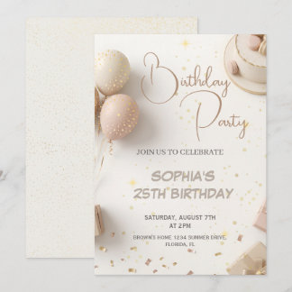 Convite Minimalist Beige & Gold Birthday Party Design 