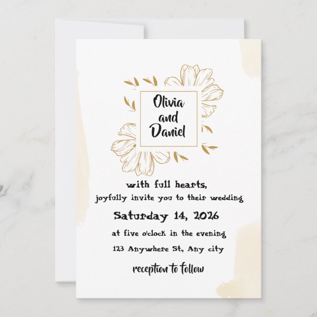 Convite Minimalist Beige Gold Dahlia Wedding Invitation (Frente)