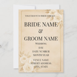 Convite Minimalist Beige & Gold Floral Wedding Invitation
