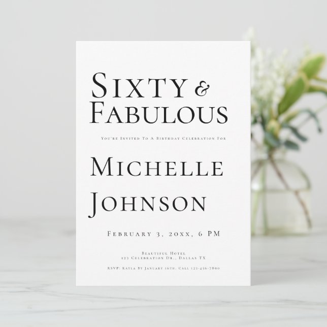 Convite Minimalist Black 60 & Fabulous 60th Birthday Party (Em pé/Frente)
