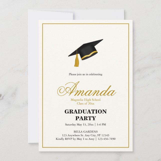 Convite Minimalist Black and Gold Graduation Party (Frente)
