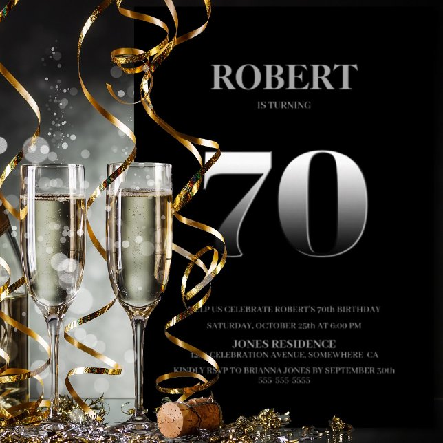 Convite Minimalist Black and Silver 70th Birthday Party (Criador carregado)