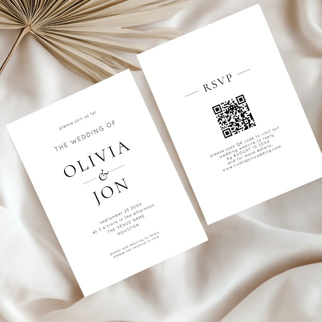 Convite Minimalist Black and White QR Code Wedding (Front and back)
