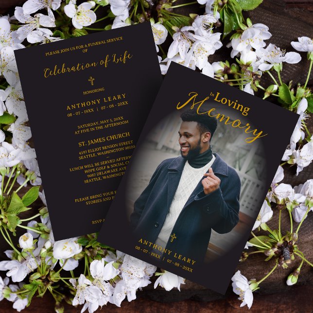 Convite Minimalist Black Gradient Overlay Photo Funeral (Minimalist Black Fake Golden Effect Transparency Overlay Photo Funeral Card with Envelope. )