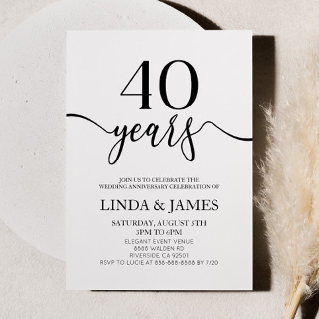 Convite Minimalist Black White 40th Wedding Anniversary (Criador carregado)