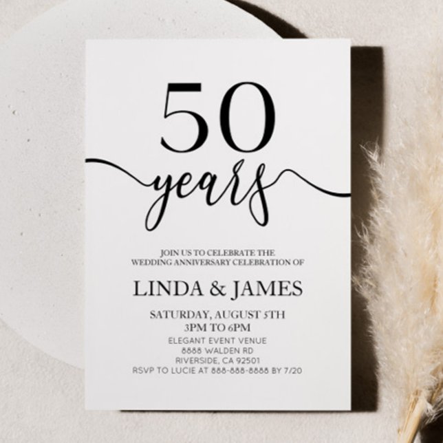 Convite Minimalist Black White 50th Wedding Anniversary (Criador carregado)