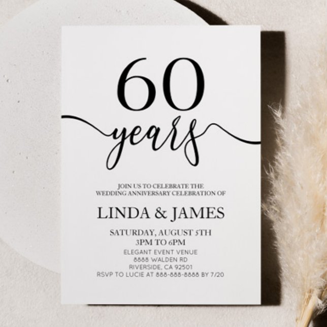 Convite Minimalist Black White 60th Wedding Anniversary (Criador carregado)