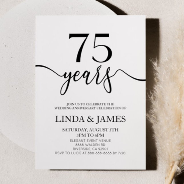 Convite Minimalist Black White 75th Wedding Anniversary (Criador carregado)