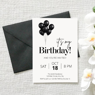 Convite Minimalist Black & White Balloon Birthday